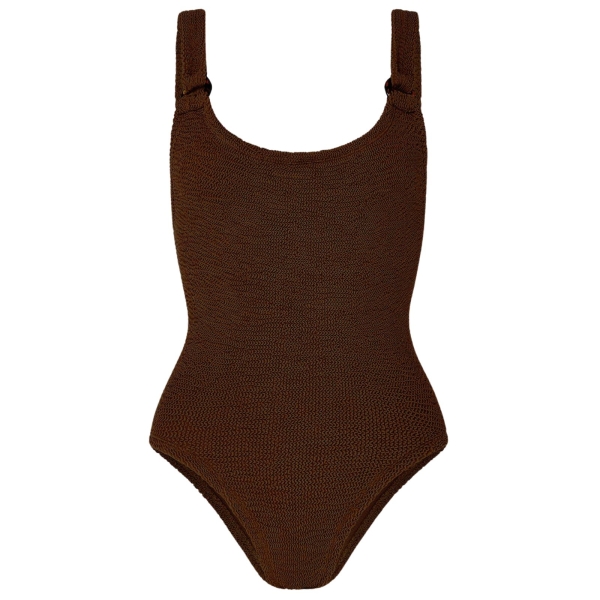 Hunza G Domino swim suit with fabric hoop metallic chocolate