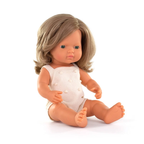 Miniland muñeca europea chica rubia oscura colorida edición 38cm