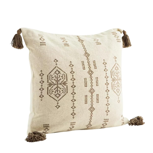Madam Stoltz Embroidered cushion cover w/tassels beige