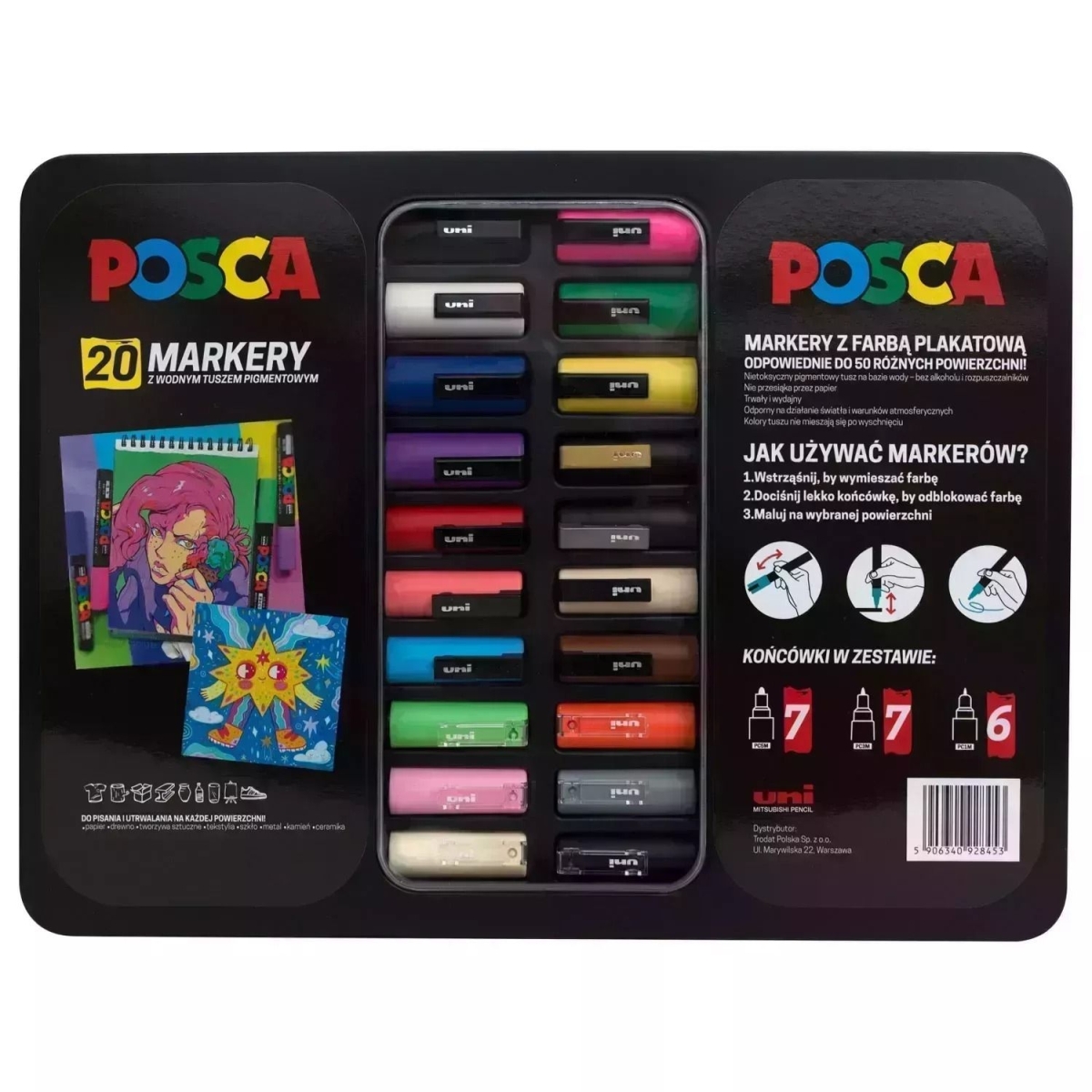 Posca Posca Metal Case Set, 20 Pieces, Mix of Colors, Tips