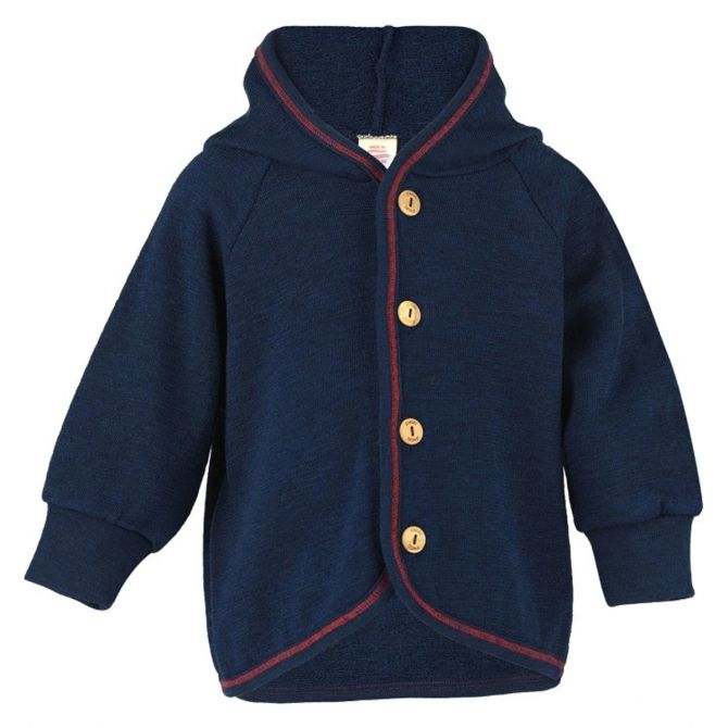 Hooded baby jacket with wooden buttons Navy blue