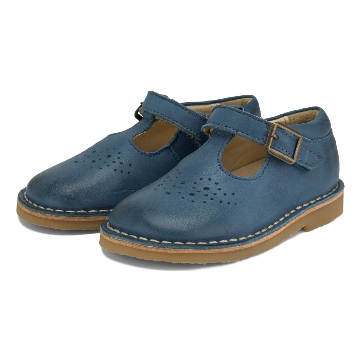 Young Soles Półbuty Penny Leather T-Bar Shoe Ocean Blue niebieskie  