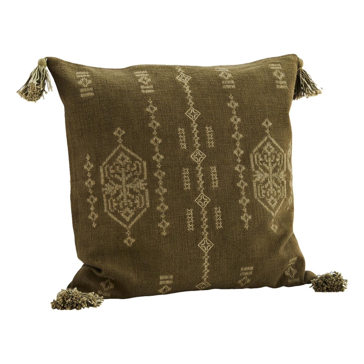 Madam Stoltz Printed cushion cover with tassels Light green