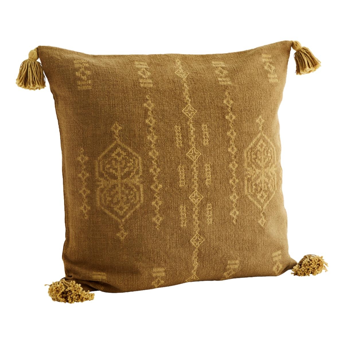 Madam Stoltz Embroidered cushion cover w/tassels brown