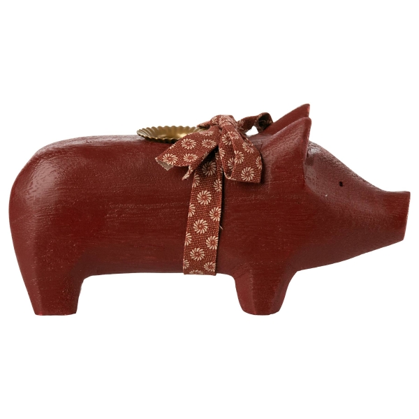 Maileg Wooden Christmas candle holder Pig medium red 14-3801-00 