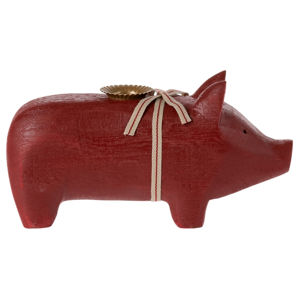 Maileg Stojak na świeczkę drewniany Pig medium red 14-2801-00