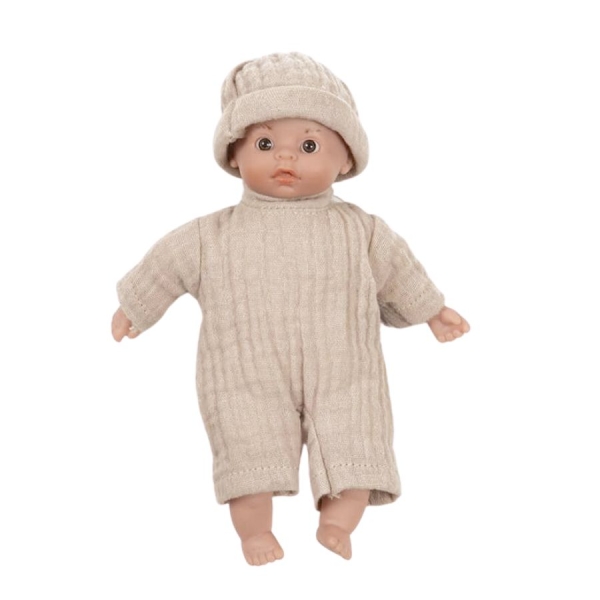 Minikane Minis Téo doll in a beige jumpsuit and bonnet CM.01.